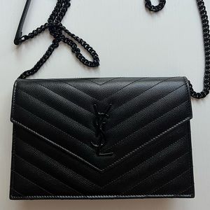YSL Saint Laurent Black Envelope Flap Wallet on Chain